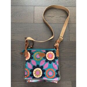 Fossil Key-per Purse Crossbody Blue Teal Orange Floral Purple Leather Accents